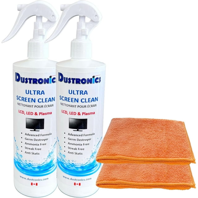 DUSTRONICS ULTRA-SCREEN CLEAN, Premium Professional Screen Cleaner With Micro Fibre Cloths. 2 x 500 ML, 2 x Micro Fibre Cloth