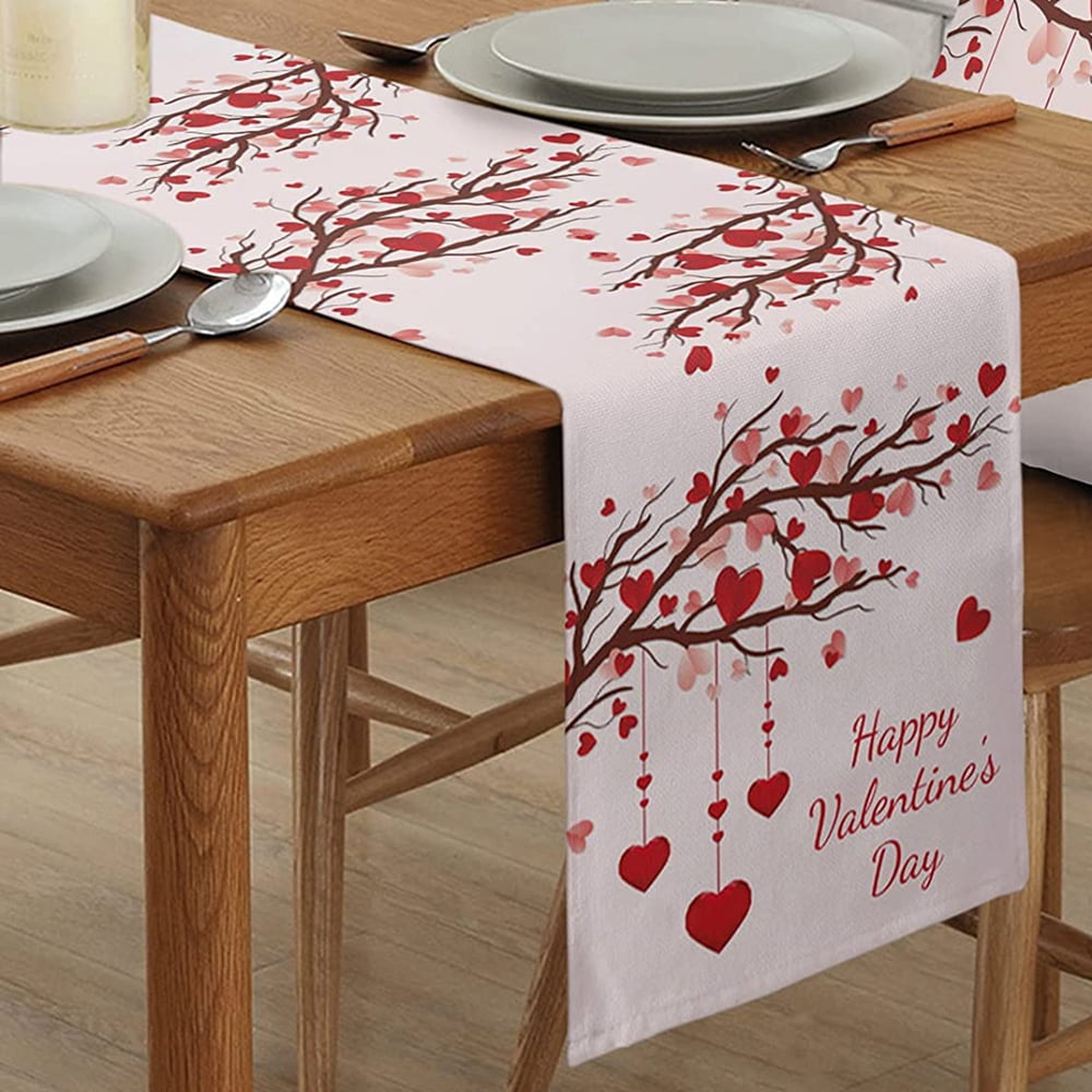 Valentines Day Table Runners 13x70inch, Pink, Cotton Linen Table Runner  Cloth Dresser Scarves, Valentines Table Decorations for