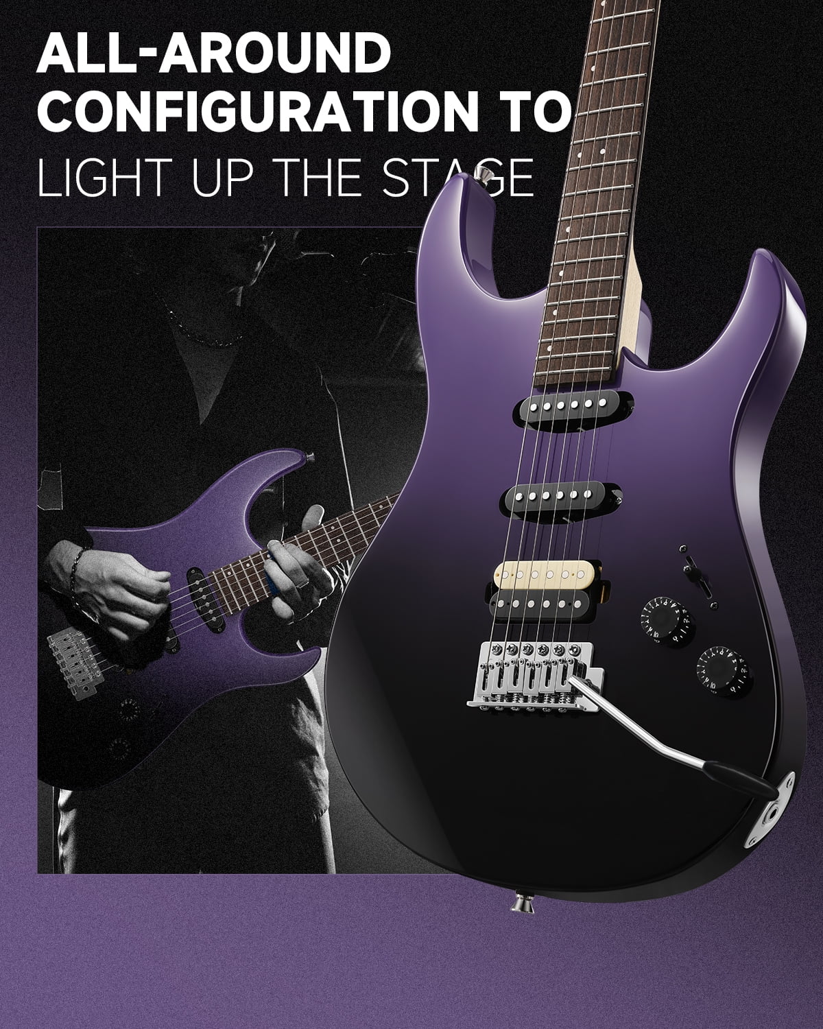 Donner Electric Guitar Only With Gig Bag Tremolo Bridge Solid Body HSS Pickup, DMT-66, Purplish Black