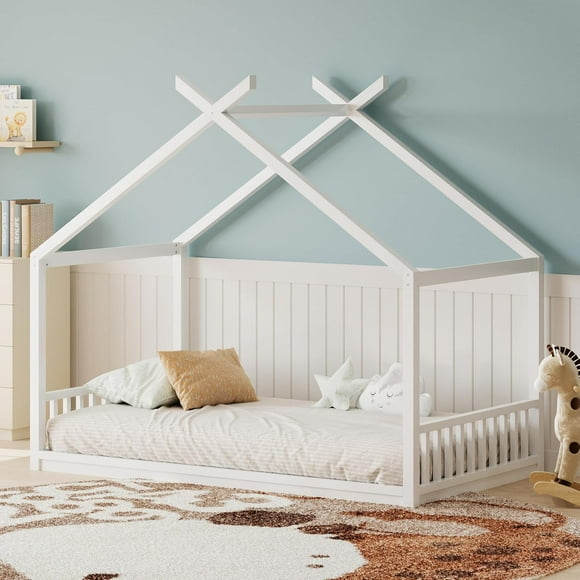 Lit Montessori au Sol Format Simple avec Toit et Garde-Corps, Cadre de Lit au Sol en Bois Style Maisonnette Sécuritaire, Cadre de Lit Montessori Simple, Lit Maison en Bois pour Garçons, Chambre de Filles, Blanc
