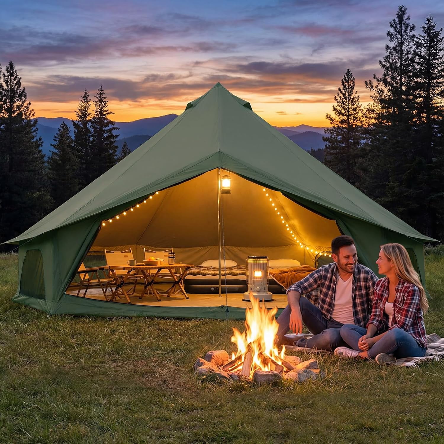 Family Camping Tent with Stove Jack, 4 Season Waterproof Oxford Yurt Bell Tent, 9.8/13.1 FT Hot Tent Fits 6-8 People for Outdoor Party Glamping