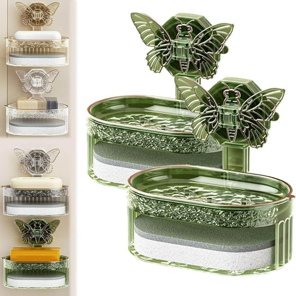 Double Layer Soap Holder with Sponge - Butterfly Suction Cup Soap Dish for Shower & Kitchen | Quick-Draining Design Keeps Soap Dry (Removable & No Residue)