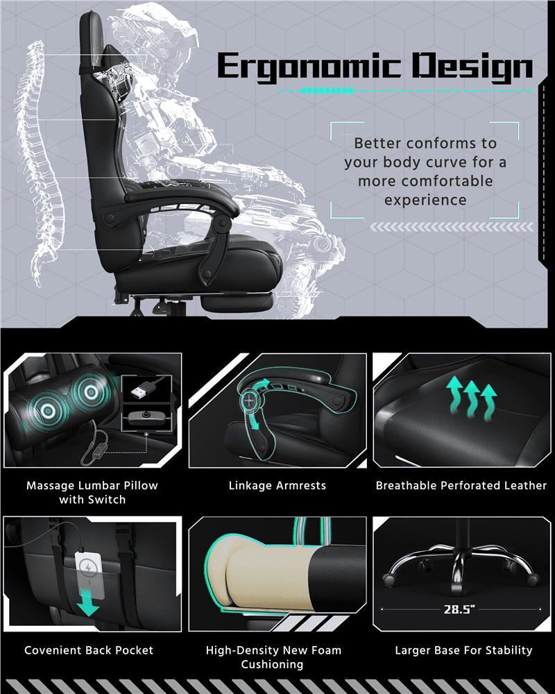 Fullfurnique Ergonomic High Back Gaming Chair with Slide Out Footrest, Full Black