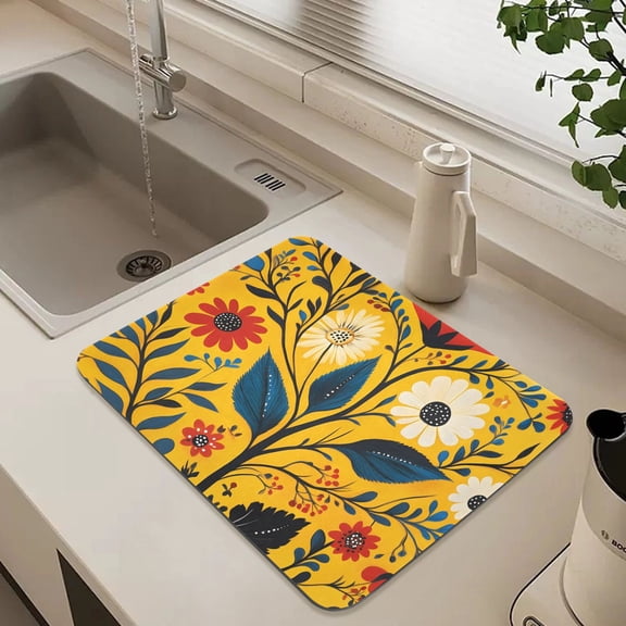 Floral Illustration Yellow Dish Drying Mat for Kitchen Counter Absorbent Drainer Mats (15.7X11.8inch)
