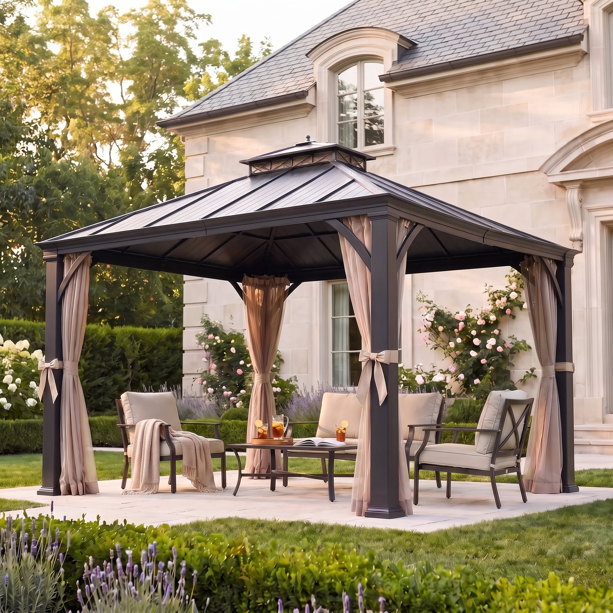 Sunjoy 11 x 13 ft. Crown Lattice Hardtop Patio Gazebo with 2-Tier Metal Roof & Mesh Netting, Matte Black Steel