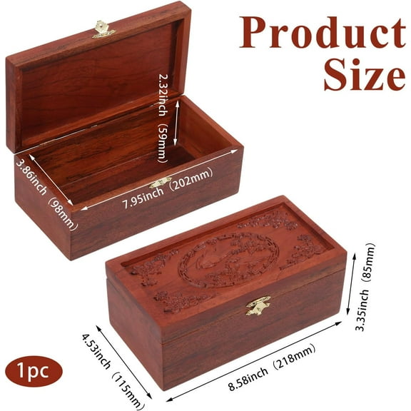 Wooden Jewelry Storage Box Handcarved Decorative Keepsake Box with Hinged Engraved Lid And Clasps for Necklaces Pendants Earrings Rings Packaging 8.6x4.5x3.4inch
