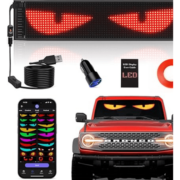 Windshield Demon Eye Lights, Flexible Bluetooth APP Control Rolling LED Car Emblem Full-Color Display Customizable Programmable LED, Suitable for Cars and Trucks 3“ x 7” (1 Piece)