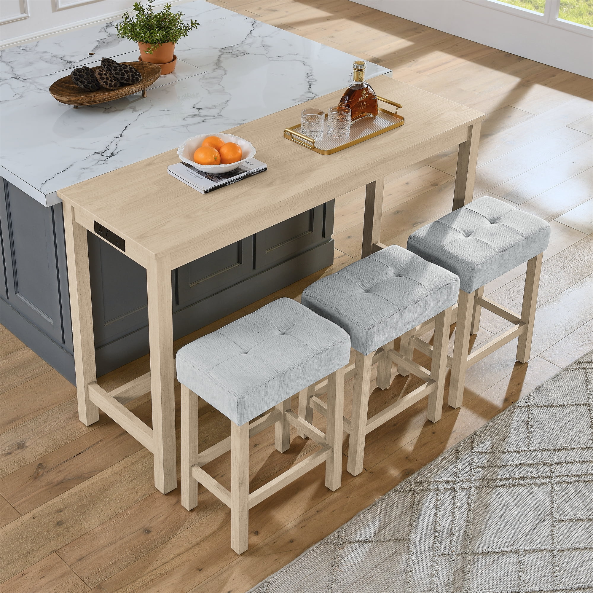 Leumius 4 Piece Bar Table Set with Power Outlet,Rustic Industrial Style Breakfast Table with 3 Padded Stools,Dining Bar Table and Chairs Set for Living Room, Dining Room, Game Room,Light Oak