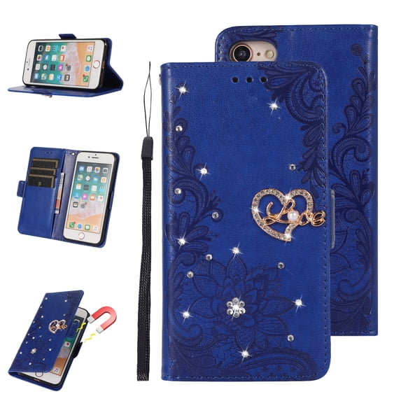 TECH CIRCLE iPhone 7 Plus Case,iPhone 8 Plus Wallet Case,Bling Diamond PU Leather Magnetic Closure Flip Folio Card Slots Kickstand Case Cover For iPhone 8 Plus/7 Plus,Darkblue