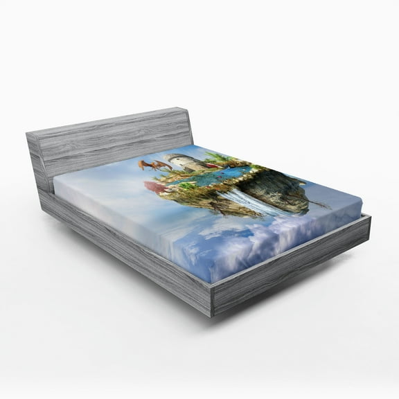 Ambesonne Fantasy Fitted Sheet, Dragon Castle Tower, Full Size, Green and Blue