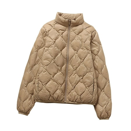 Scyoekwg Women s Puffer Jackets Cropped Winter Warm Zip Up Down Coat Trendy Solid Stand Collar Puffy Coat Outwear (Khaki L)