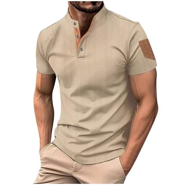 GiliGiliso Men Loose Casual Ventilate Pockets Button Stand Collar Short Sleeve Top