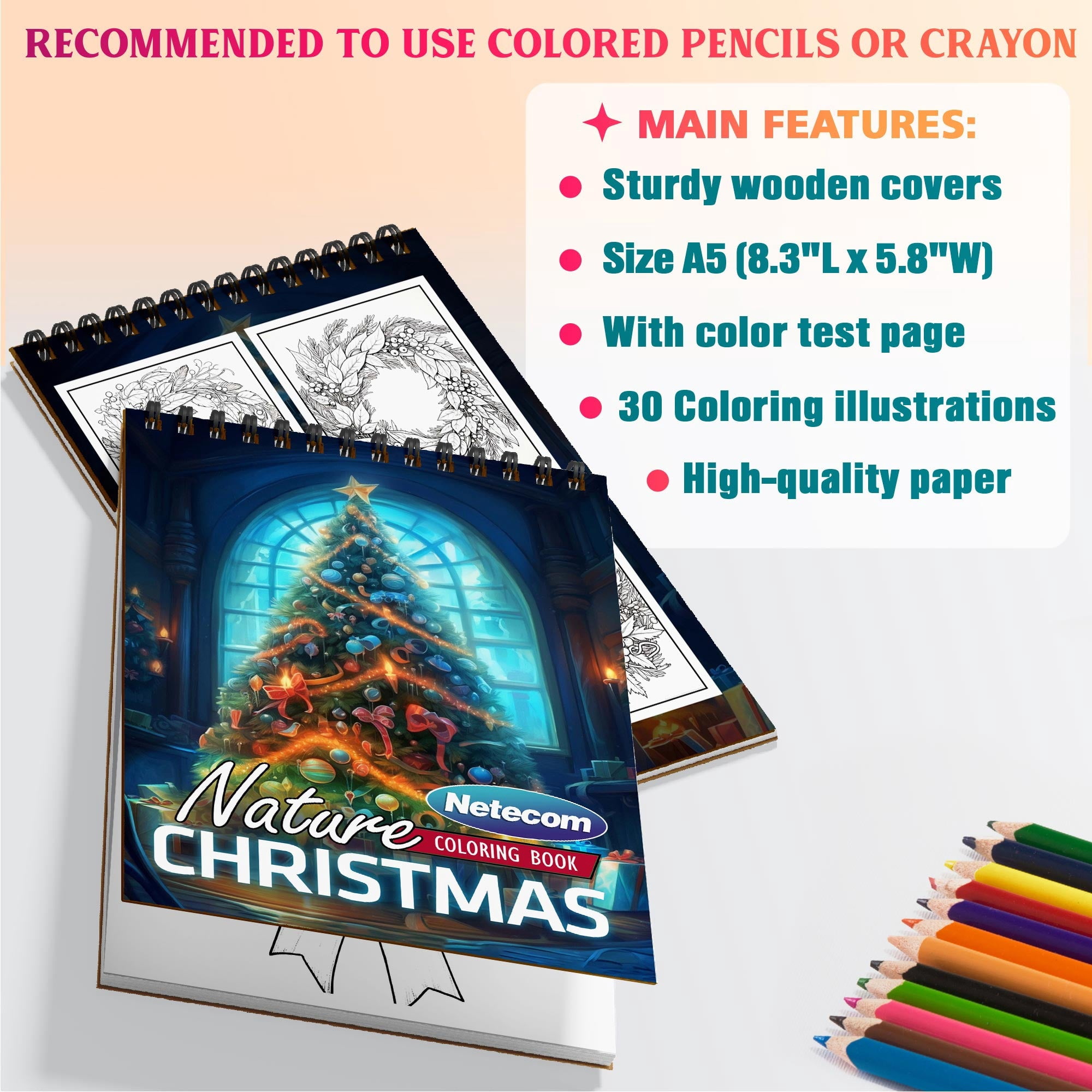 Netecom Christmas Nature Coloring Book Spiral Bound for Adults, A5 Wooden Cover, 30 Beautiful Coloring Pages of Serene Winter Landscapes for Stress Relief and Relaxation