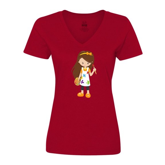 Inktastic Cute Girl, Brown Hair, Painter, Paint Artist Women's V-Neck T-Shirt