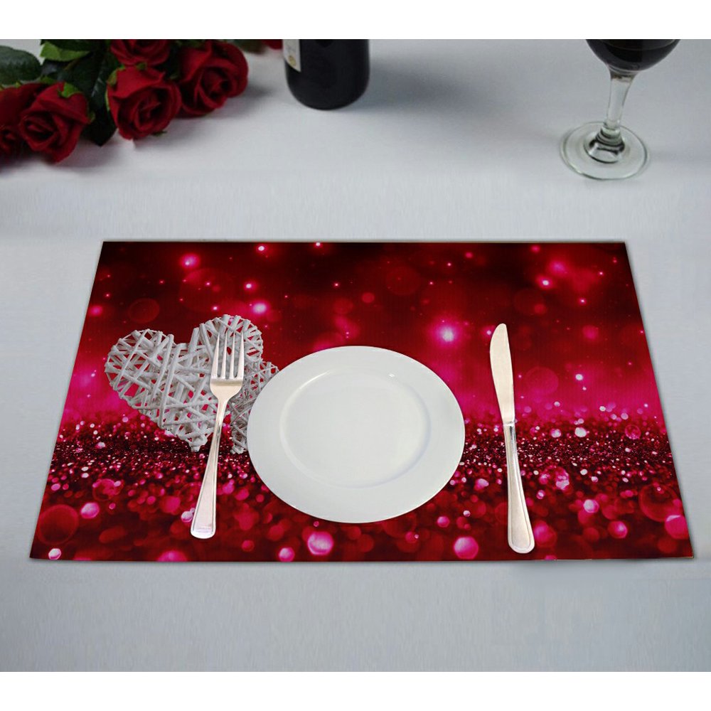 ABPHQTO Two Wicker Hearts Red Sparkle Glitter Placemat 12x18 Inch,Set