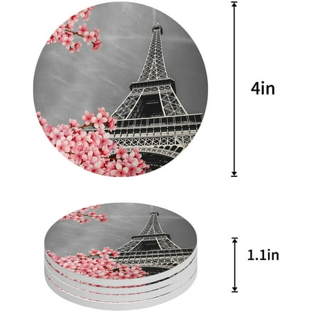 

FMSHPON Paris Eiffel Tower and Cherry Blossoms Flowers Set of 4 Round Coaster for Drinks Absorbent Ceramic Stone Coasters Cup Mat with Cork Base for Home Kitchen Room Coffee Table Bar Decor