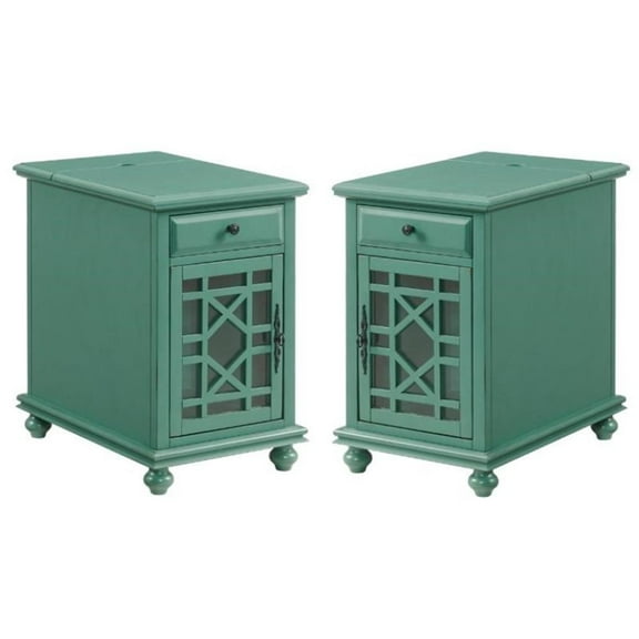 Home Square Elegant Chairside Table in Power Antique Teal Green - Set of 2
