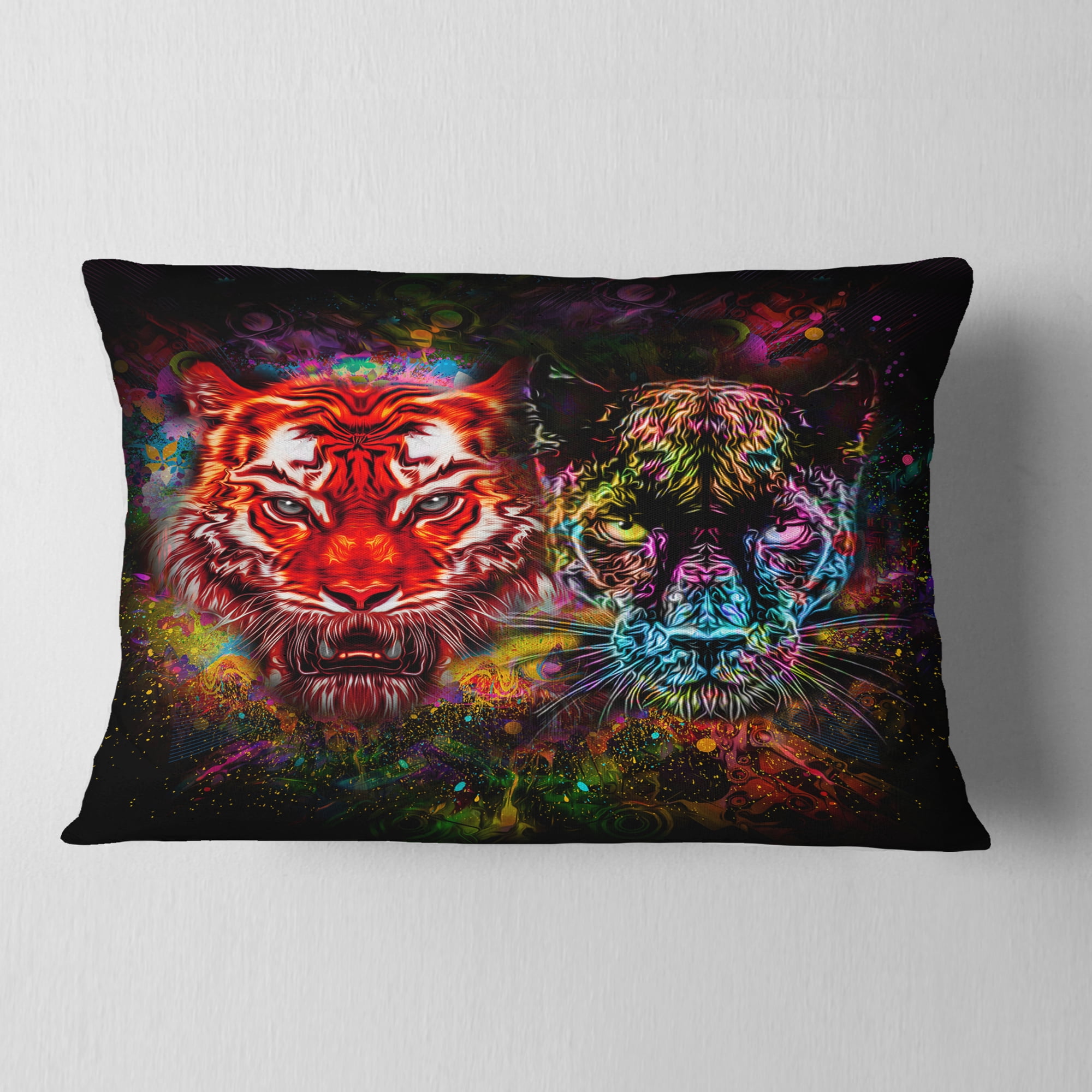 Designart Tiger and Panther with Splashes - Animal Throw Pillow - 12x20