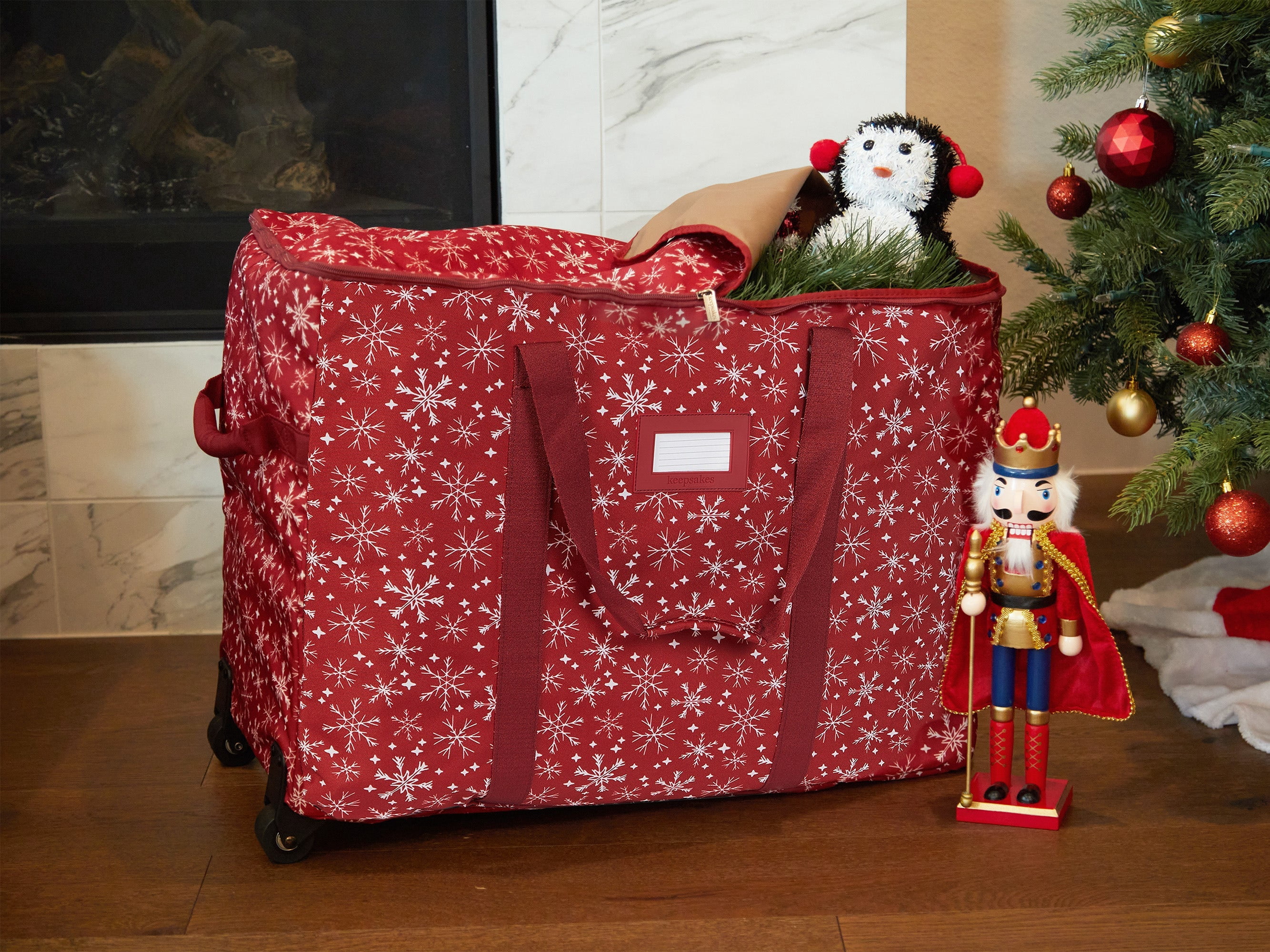 Covermates Keepsakes Rolling Treasurekeeper Storage Bag - Carrying Handles, ID Window, Dual Wheels - Holiday Storage, Red Snowflake