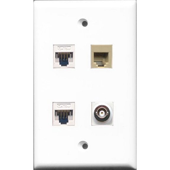 RiteAV 1 Port Phone RJ11 RJ12 Beige and 1 Port BNC 2 Port Cat5e Ethernet White Wall Plate