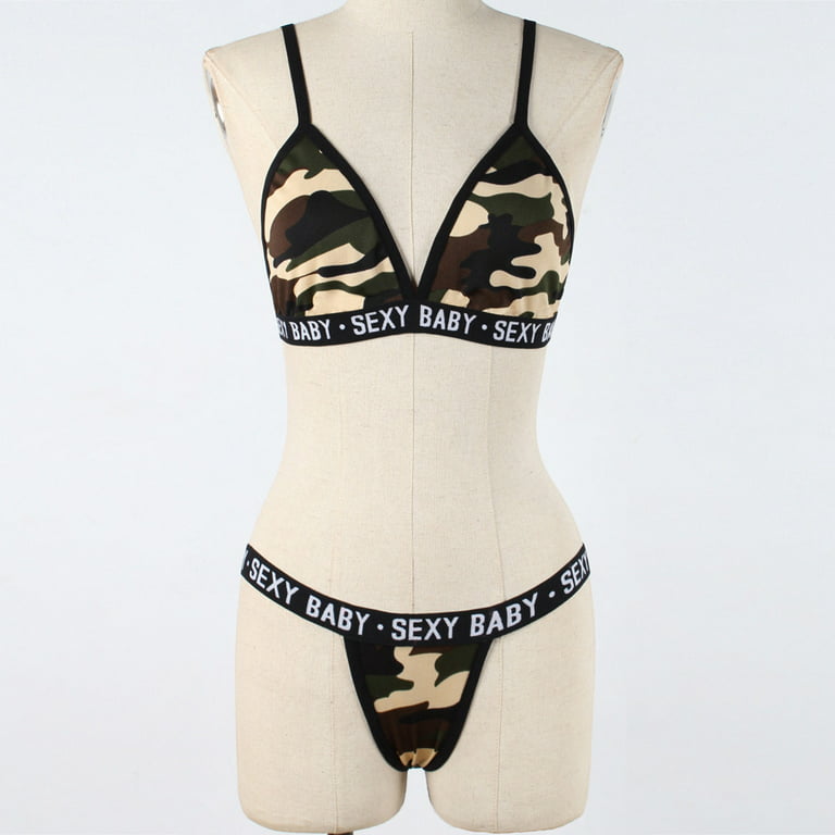 RQYYD Clearance Women Camouflage Sexy Lingerie Sleepwear Fashion Camo Print  V-Neck Strappy Bra and Panty 2Pcs Sets Bodysuit Underwear Pajamas(Army  Green,S) 