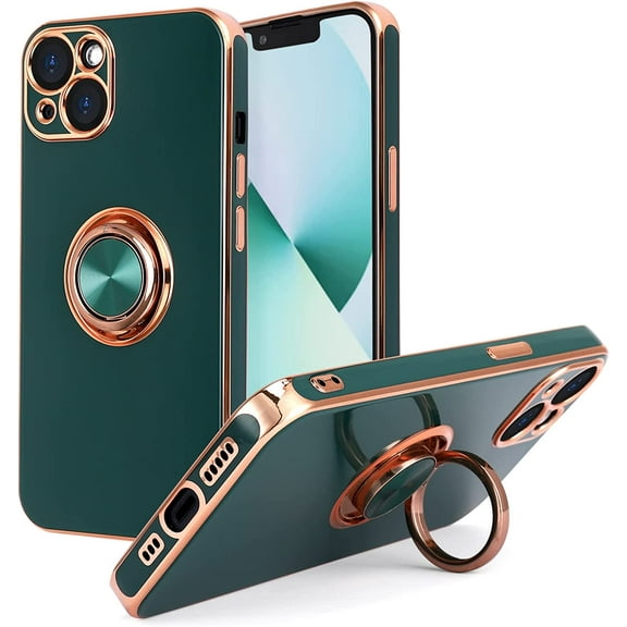 Design for iPhone 13 Case, Built-in 360° Rotatable Ring Holder Magnetic Kickstand Soft Silicone Ultra Slim Edge Plating Protective Cover 2021 6.1 Inch (Dark Green)