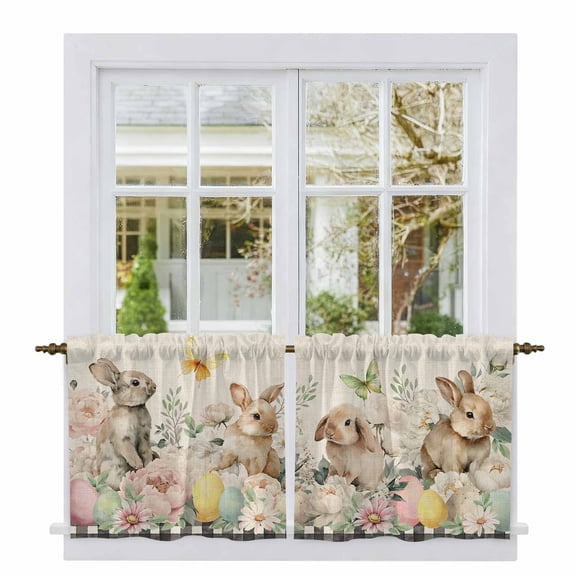Easter Rabbit Tier Curtains 24 Inch Length, Farmhouse Spring Botanical Flowers Eggs Grid Cafe Short Curtains for Bathroom Over Sink, Small Kitchen Curtain Light Filtering Drapes 2 Panels 27.5"Wx24"L