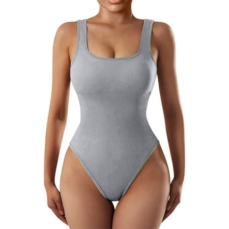 Dndkilg Women s Bodysuits Sexy Ribbed Sleeveless Square Neck Stretch Tank Tops Thongs Bodysuits Gray 3XL