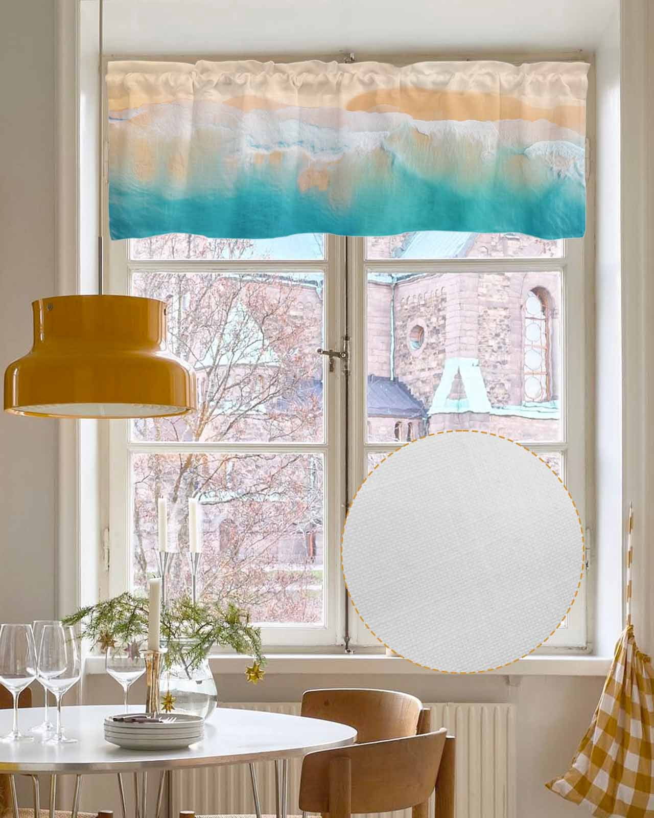 Turquoise Ocean Linen Curtain Valance for Bedroom/Bathroom/Kitchen/Office/Living/Dining Room Windows,Nautical Coastal Seaside Wave Smear Art Pocket Topper Drapes Decorative Cafe Drapery Panel 54x18