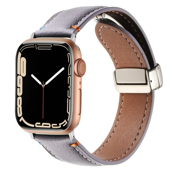 Genuine Leather Band for Apple Watch 38mm 40mm 41mm 42mm(Series 10), Magnetic Adjustable Strap Replacement Watch Band for iWatch Series 10/9/8/7/6/5/4/3/2/1/SE, Purple
