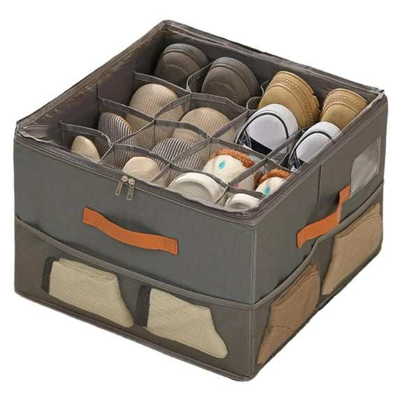 Large Oxford Shoe Organizer with Clear Cover, Adjustable Dividers, 4 Handles and 8 Side Mesh Pockets, Fits 8-16 Pairs,  Fabric Storage Box for Closet, Gray