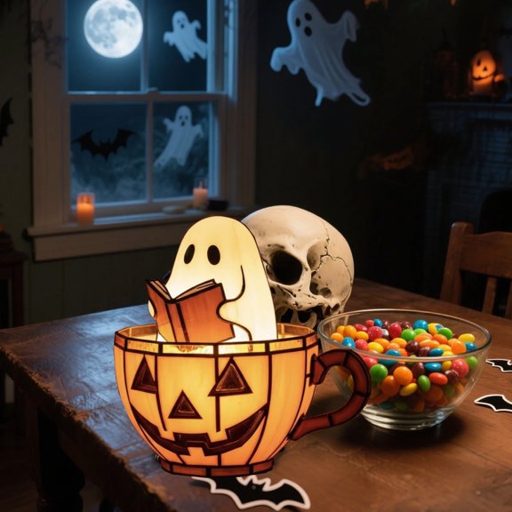 Halloween Lights Halloween Ghosts Reading Night Light Up - Stained Glass Ghost Book Lamp with Ghost Flickering Nightlight for Readers & Book Lover, Charming Addition to Indoor Party & Holiday Decorat