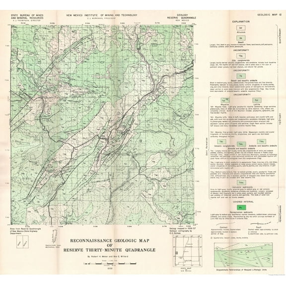 Historic Mine Map - Reserve Quad New Mexico Mines - Willard 1956 - Vintage Wall Art