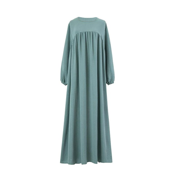 cfhntfmh Maxi Dresses for Women Casual Long Sleeve Crewneck Solid Color Fall Dress Flowy Pleated Oversized Pullovers Dress