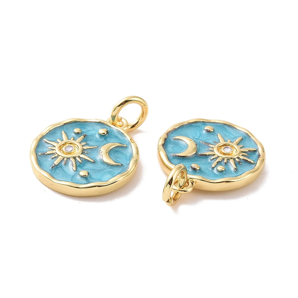 Rack Plating Brass Pendants with Enamel and Jump Ring Cadmium Free Lead Free Long-Lasting Plated Flat Round with Sun Moon Pattern for diy