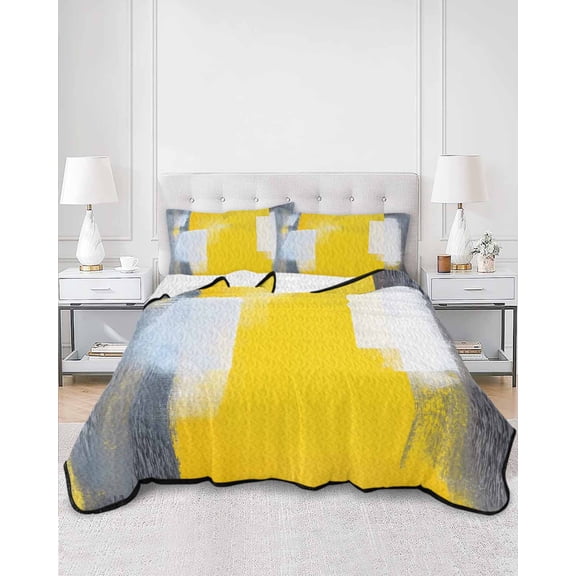 Quilts Twin XL Size, Yellow Grey Soft Comforter Bedding Set for Bed, Oil Painted Modern Abstract Vintage Lightweight Quilted Bedspread with Pillow Cover(2 Pieces) for All Season, 68x98 Inch