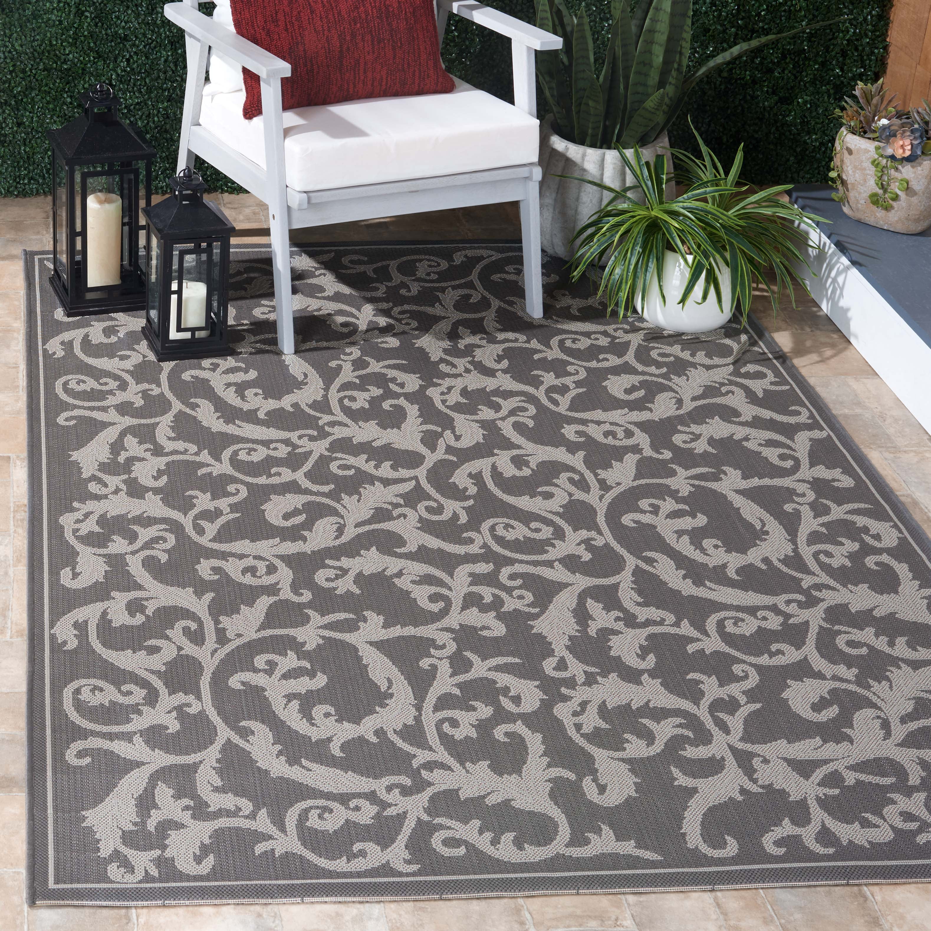 SAFAVIEH Courtyard Ava Floral Indoor/Outdoor Area Rug, 8' x 11', Anthracite/Light Grey