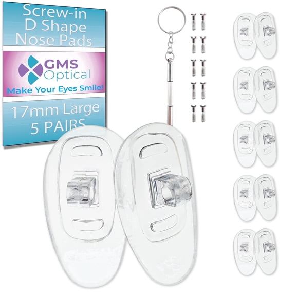 GMS Optical 17mm Long Length / 6mm Medium Width – D Shape Screw-In Soft Silicone Nose Pads for Glasses, Eyeglasses & Sunglasses with Screws & Screwdriver (5 Pair, Clear)