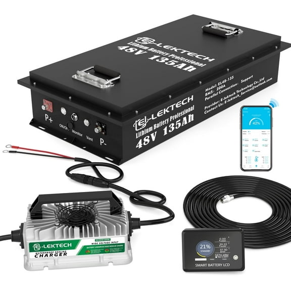 48V 135Ah LiFePO4 Lithium Golf Cart Battery with Charger, Built-in 200A BMS, 6.91kWh Capacity, Perfect for Golf Cart, RV, Solar, Marine