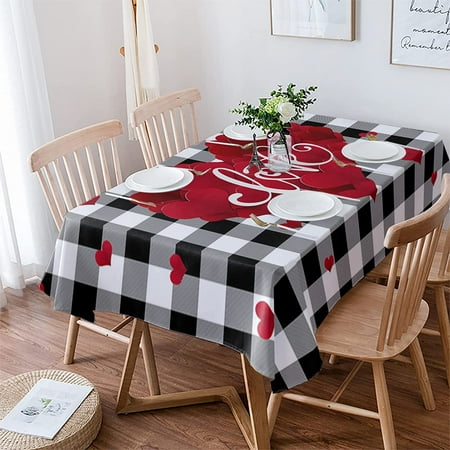 

Valentine Tablecloth Rectangle/Oval Rose Love Heart Black and White Buffalo Plaid Table Cloth Outdoor Waterproof Tablecloths for Party Indoor Table Cover for Kitchen Home Decoration 60x120in