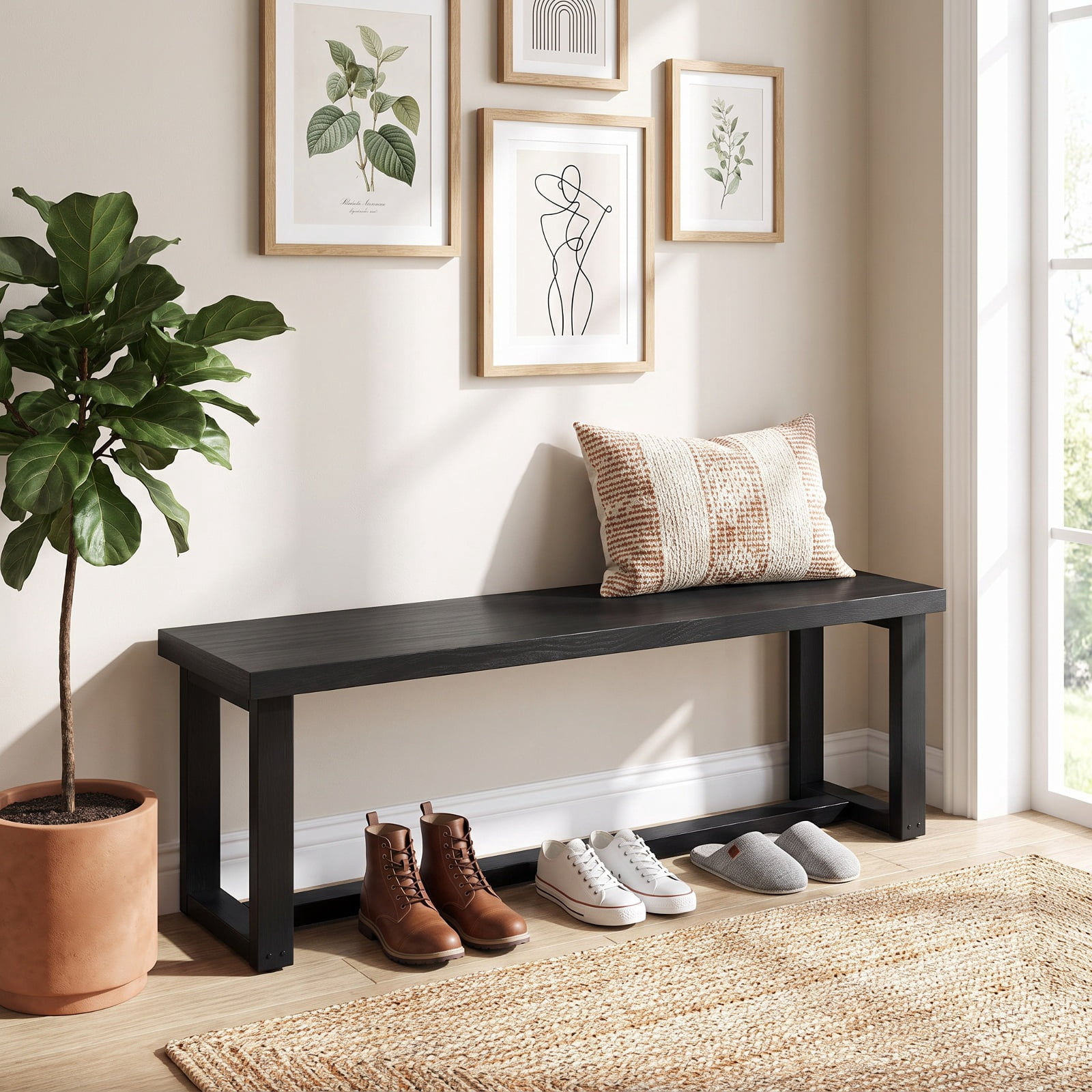 Furnibear 56 Inch Wood Dining Bench with Acacia Wood Seat Metal Frame and Adjustable Footpads for Kitchen Dining Room Entryway Seating, Black