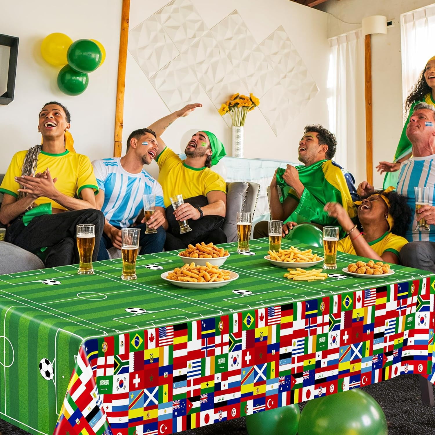 6 Pcs Soccer Tablecloths for Birthday Party Decorations 54 X 108 Inch, Disposable Plastic Table Cover, 2026 Around the World Flags Green Rectangle Tableware Set for Sports Theme Game Party Supplies
