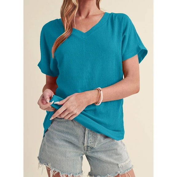 Womens Short Sleeve T Shirt Basic Crinkled V Neck Wide Sleeve T-Shirt Solid Daily Summer Tops