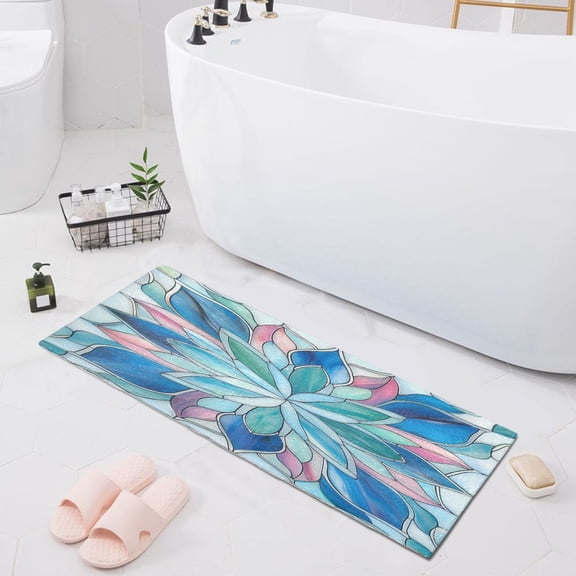 Blue Pink Floral Stained Glass Bath Mat 39x20 Non-Slip Bathroom Rugs Absorbent Soft Plush Quick Dry for Tub Shower Kitchen Home Decor