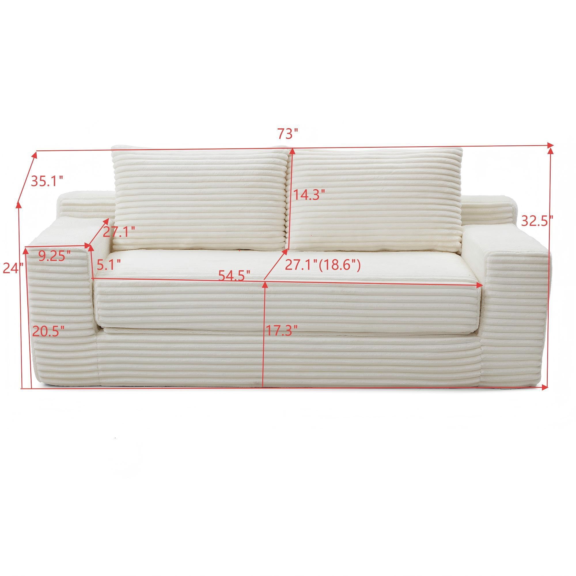 Foam Filling No Assembly Oversized 3-Seater Loveseat Sofa, 2-in-1 Convertible Folding Couch, Corduroy Floor Chaise Lounge Bed