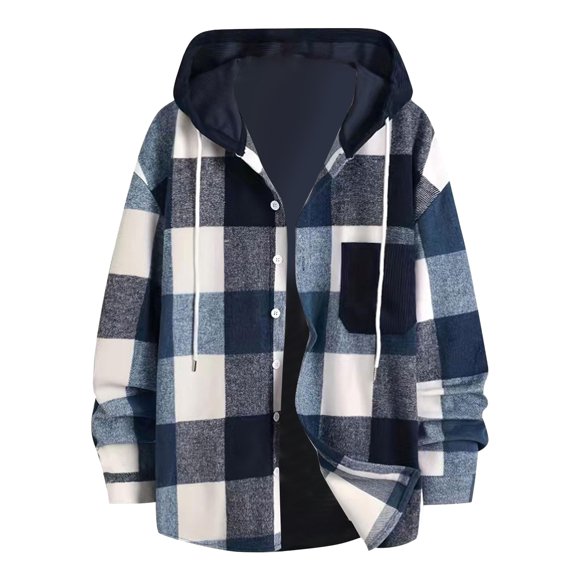 Ccpelsie Men's Flannel Shirt Plaid Hoodie Fall Casual Button Down Shirt Jackets Long Sleeve Stylish Hooded with Pocket(A01-Navy,L)