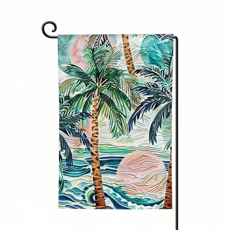 Ulloord Beach Garden Flag Ocean Round Stains Wavy Stripes Dots Circle Palm Trees Home Flags Double-Sided Banner Welcome Yard Flag . Lawn Villa White
