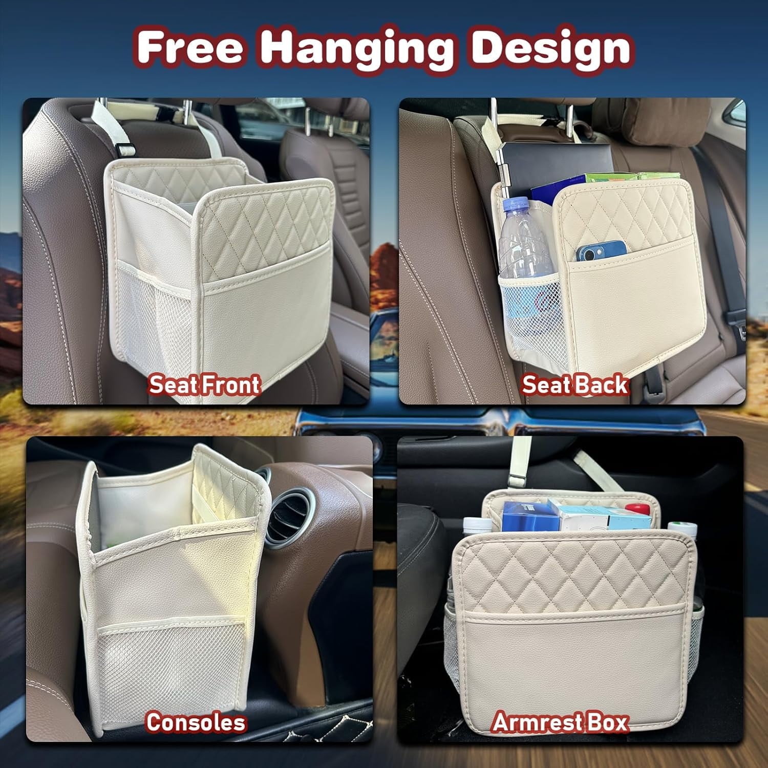 Witaxima Beige Car Trash Bag Hanging, 2.14 Gal Car Trash Can with Storage Pockets, PU Leather Backseat Organizer for Cars, SUVs, Trucks