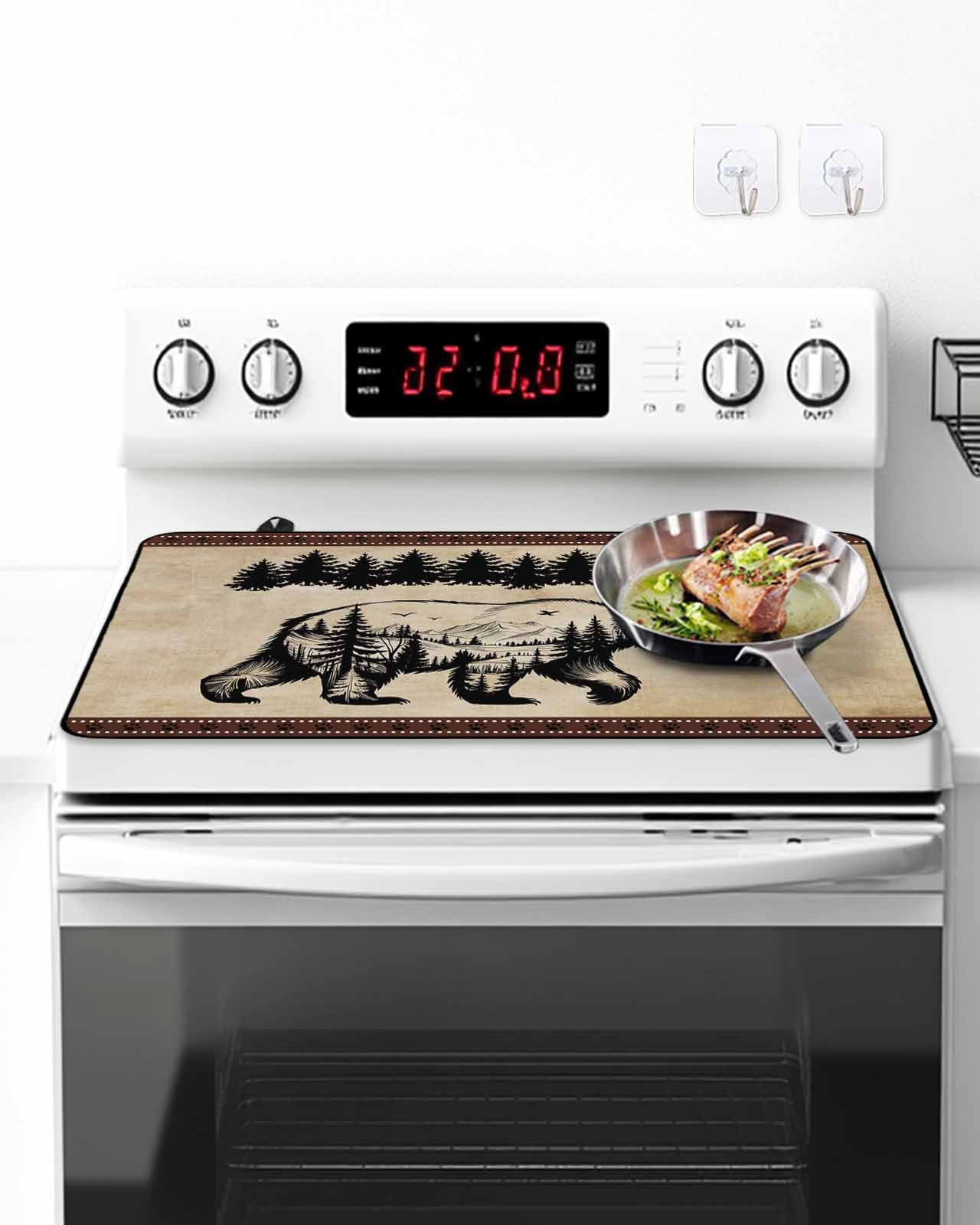 Stove Top Covers for Electric Stove, Brown Black Bear Glass Stovetop Cover Protector, Farmhouse Cabin Forest Vintage Induction Cooktop Protector Oven Mat for Kitchen Countertop 24"x21"