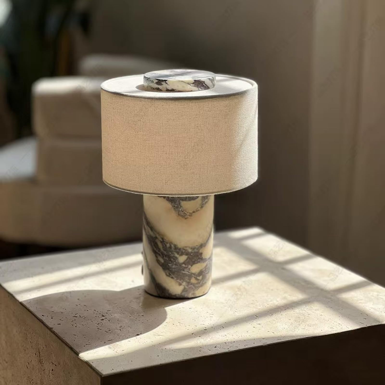 Marble Luxury Stone Rechargeable Touch Table Lamp, Cylindrical Shape, Linen Cloth Fiber Lampshade, High-End and Light Luxury, Bedroom Bedside Table Night Light（Black, White）